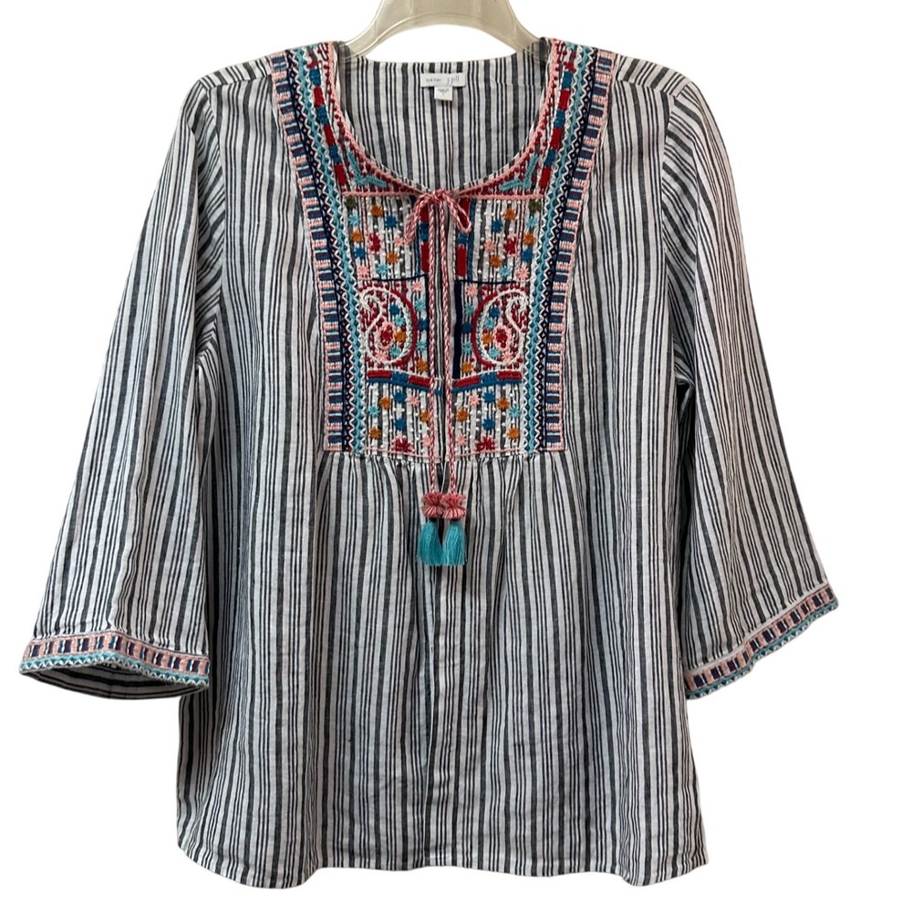 J. Jill Love Linen Striped Embroidered Tassel Boho Blouse Navy White Large